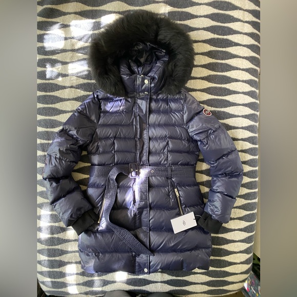 NWT UGG Valerie Navy belted down hooded parka sheep fur collar women’s size M - Picture 13 of 16